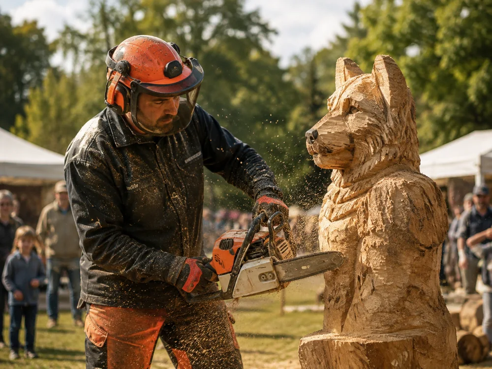 Kettensägenschnitzer bei der Arbeit an einer Hunde-Holzskulptur