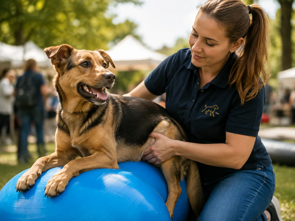 Hundephysiotherapeutin bei einer Behandlung auf einem Gymnastikball